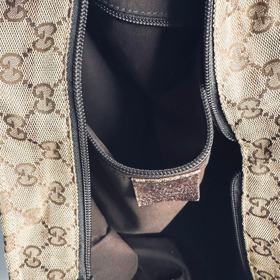 Gucci Beige GHW GG Monogram Logo Sherry Web Striped Shopper Shoulder Bucket Tote Bag