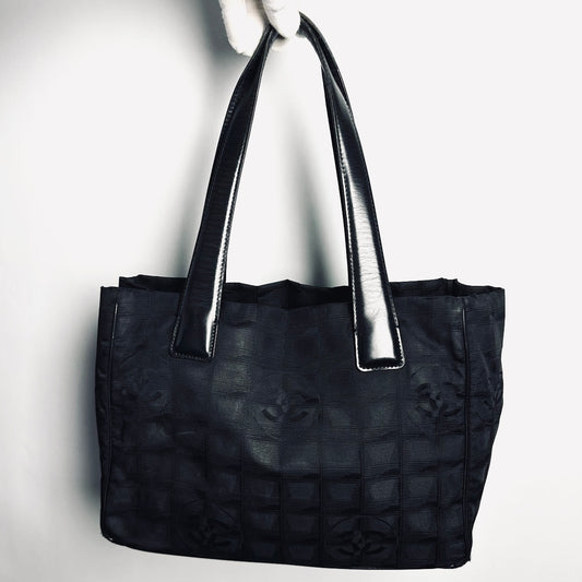 Chanel Black GHW Travel Line Quilted Jacquard CC Monogram Logo Shoulder Shopper Tote Bag 8s