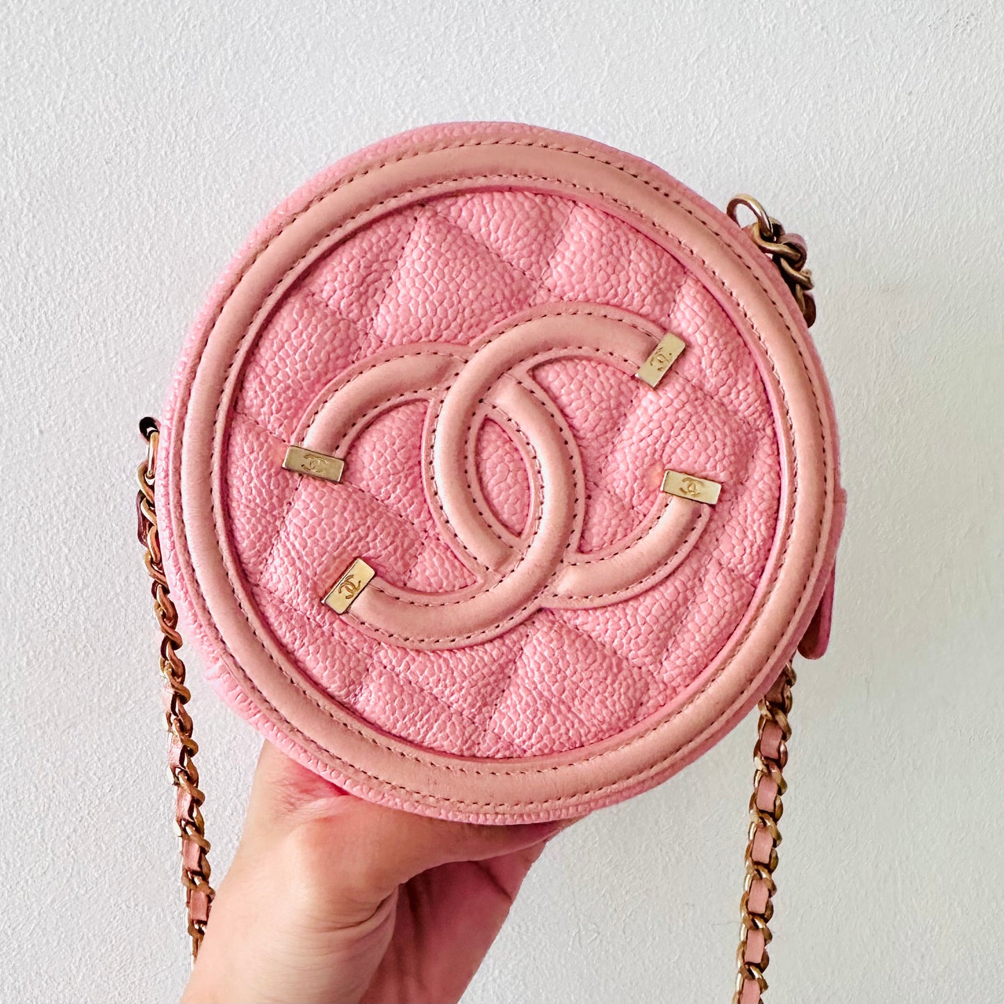 Chanel CC Filigree Pink GHW Giant CC Monogram Logo Caviar Round Chain Sling Bag 27s