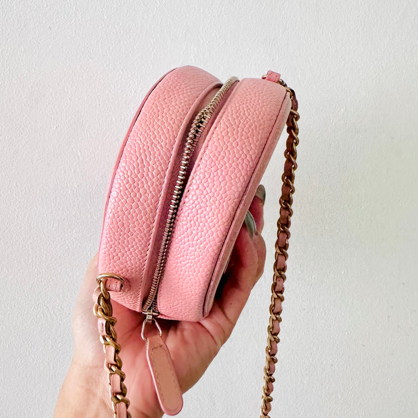 Chanel CC Filigree Pink GHW Giant CC Monogram Logo Caviar Round Chain Sling Bag 27s