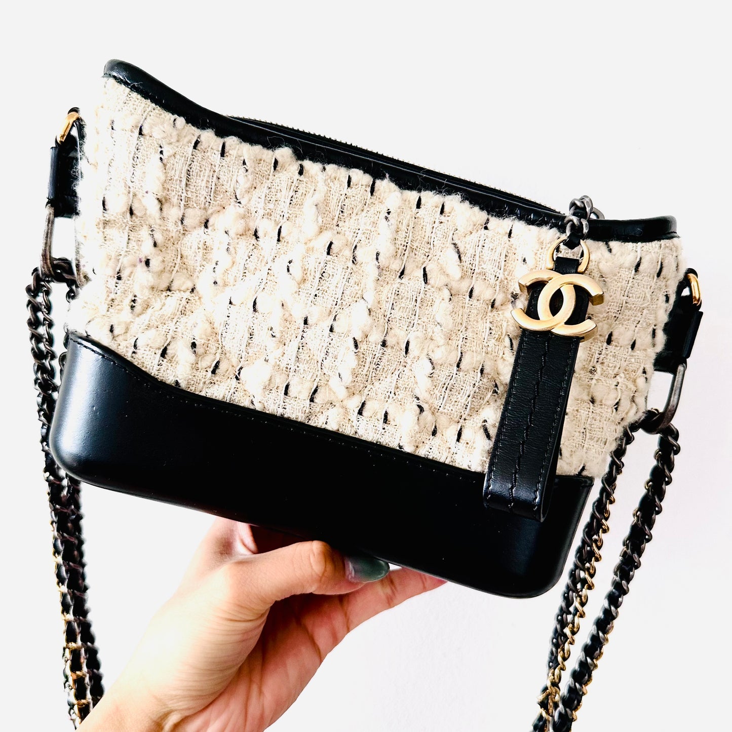 Chanel White / Black GHW Tweed Small Gabrielle CC Monogram Logo Chain Shoulder Sling Bag 24s