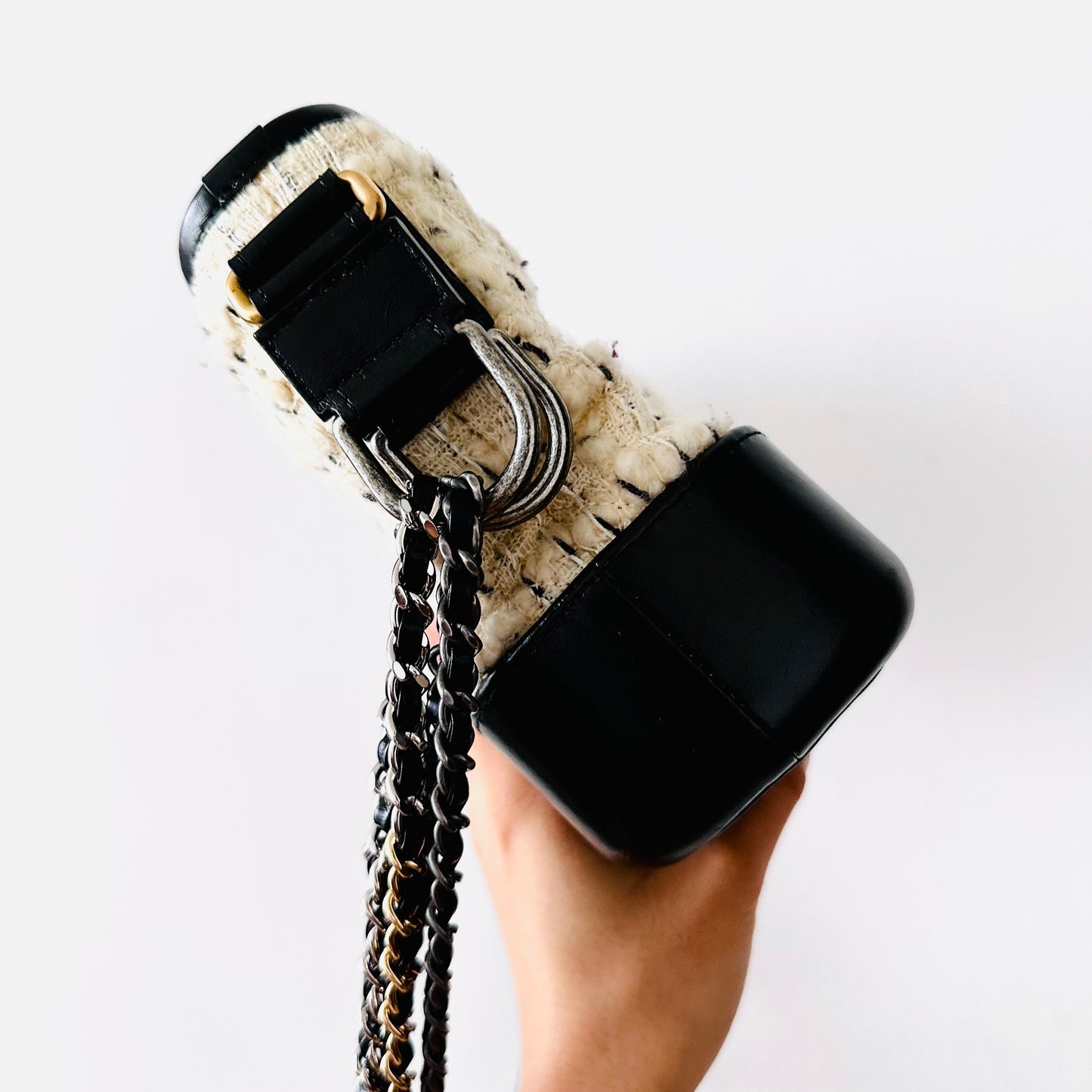 Chanel White / Black GHW Tweed Small Gabrielle CC Monogram Logo Chain Shoulder Sling Bag 24s