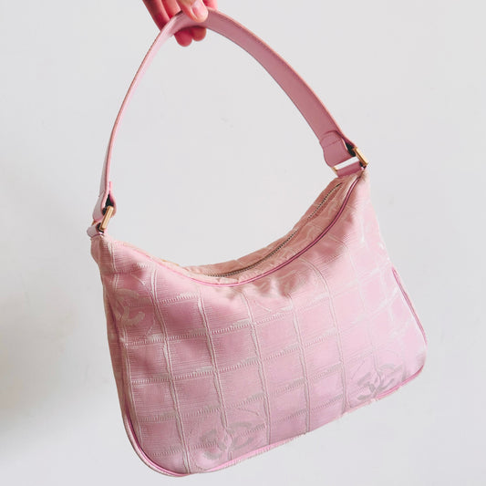 Chanel Pink GHW Travel Line Quilted Jacquard CC Monogram Logo Hobo Baguette Pochette Shoulder Bag 8s