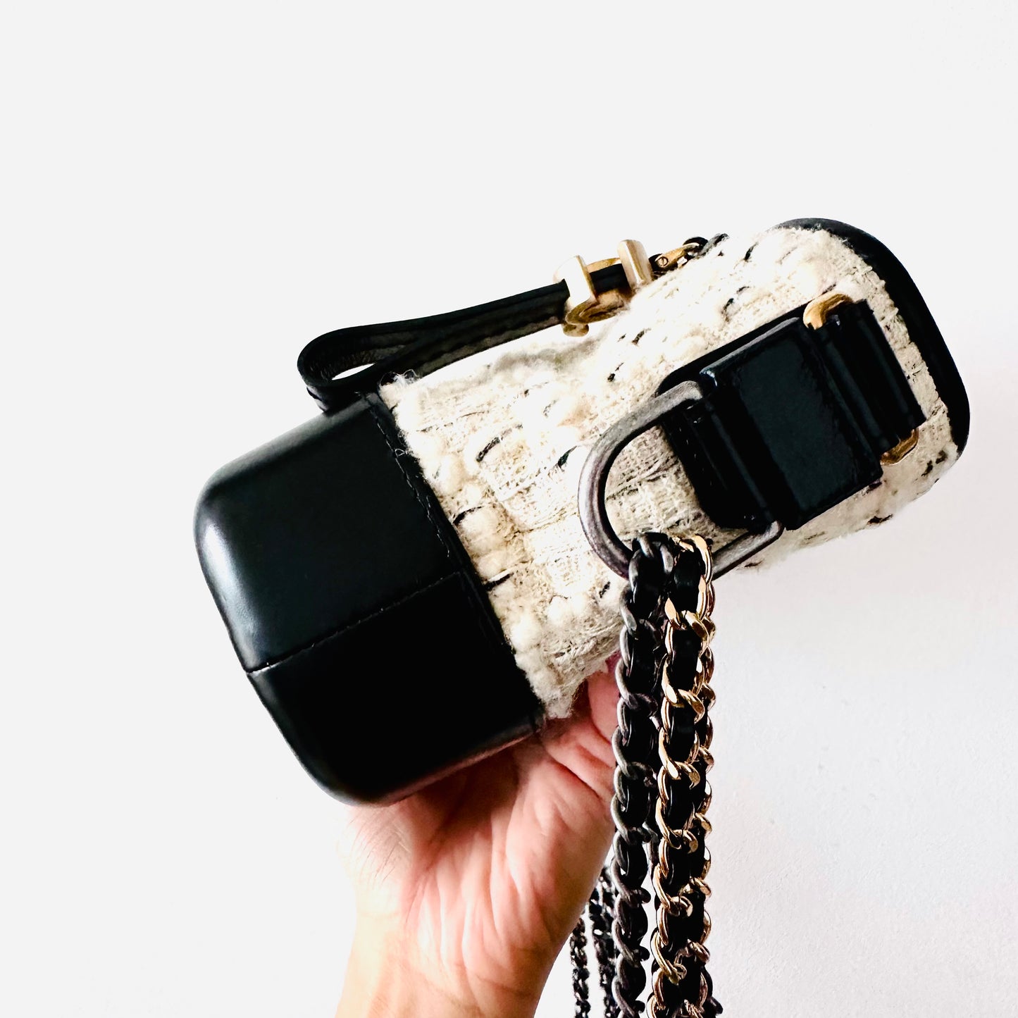 Chanel White / Black GHW Tweed Small Gabrielle CC Monogram Logo Chain Shoulder Sling Bag 24s