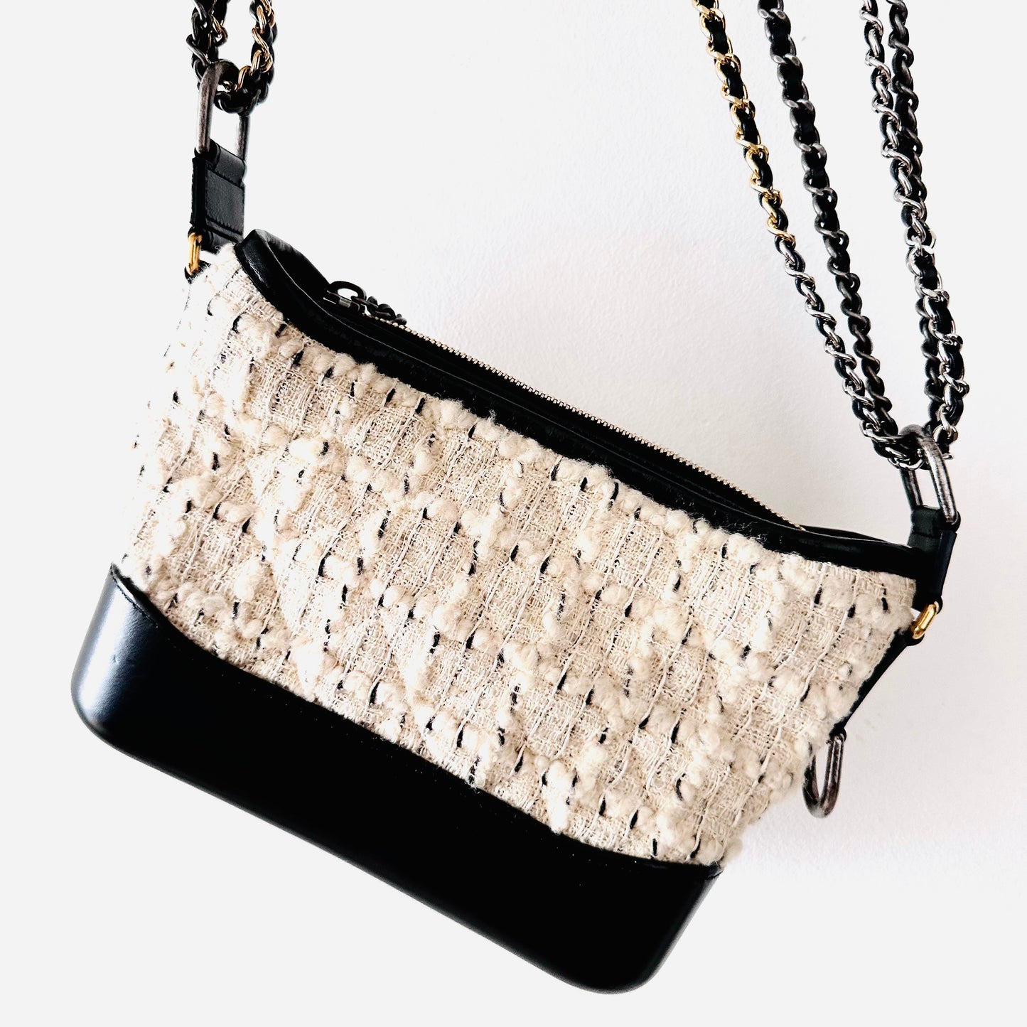 Chanel White / Black GHW Tweed Small Gabrielle CC Monogram Logo Chain Shoulder Sling Bag 24s