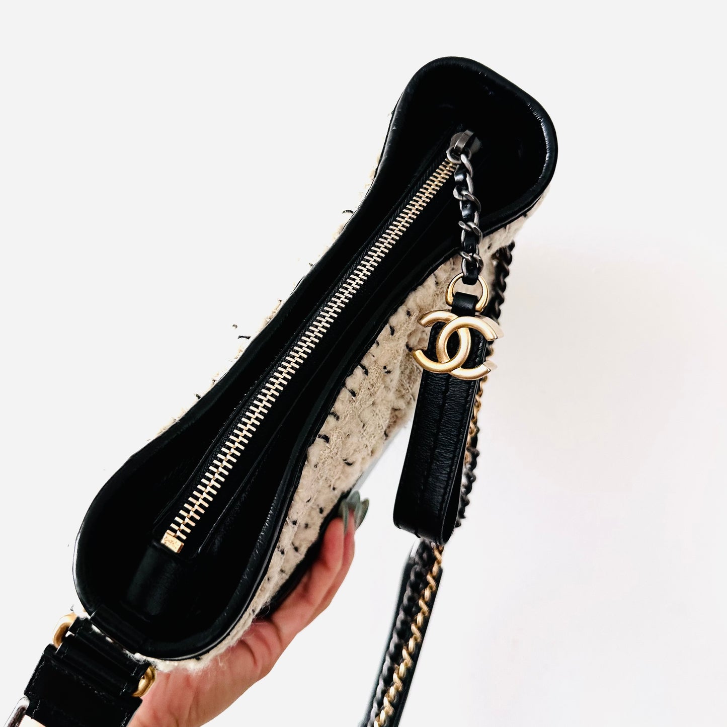Chanel White / Black GHW Tweed Small Gabrielle CC Monogram Logo Chain Shoulder Sling Bag 24s