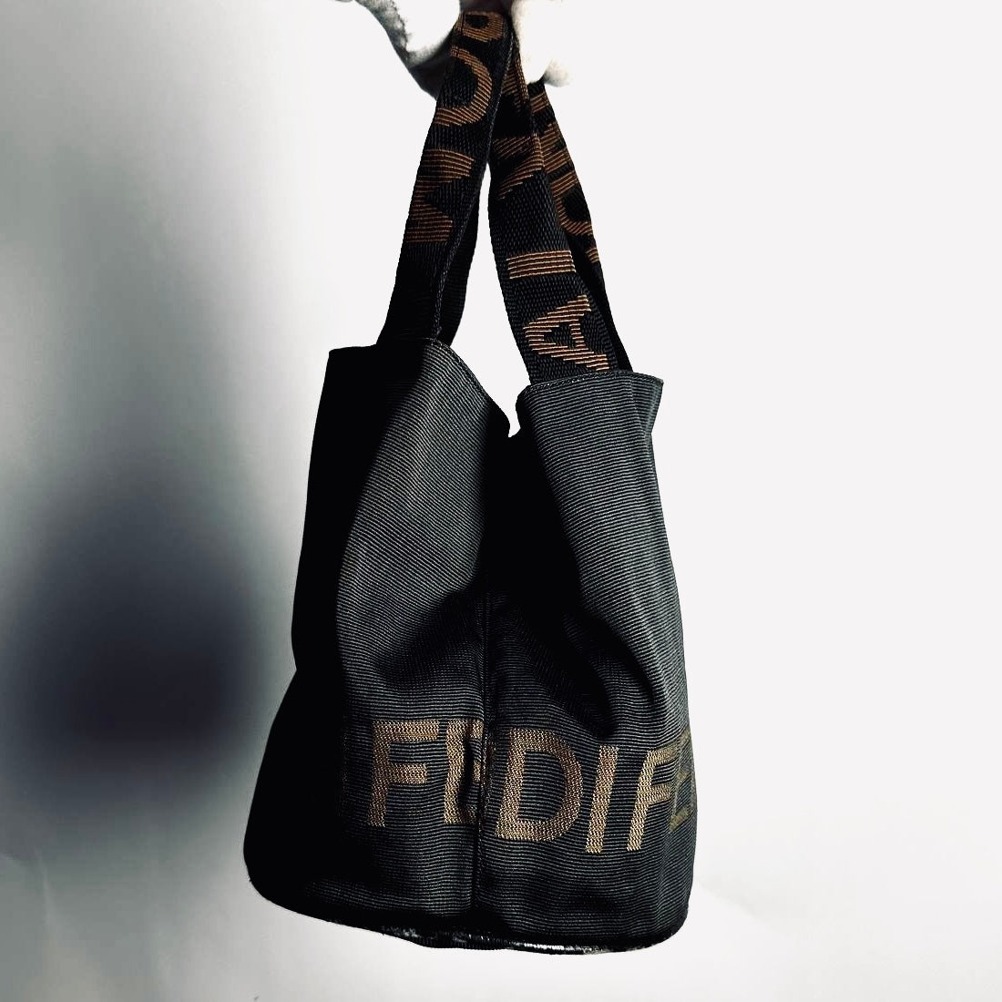 Fendi Black Zucca FF Roma Monogram Logo Bucket Small Shopper Vertical Tall Tote Bag