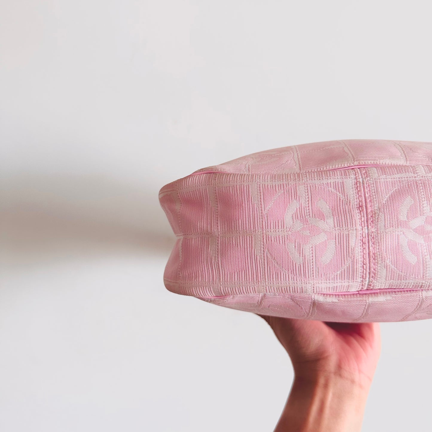 Chanel Pink GHW Travel Line Quilted Jacquard CC Monogram Logo Hobo Baguette Pochette Shoulder Bag 8s