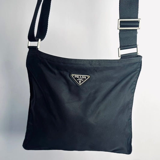 Prada Black Tessuto Monogram Logo Classic Nylon Zip Shoulder Sling Bag