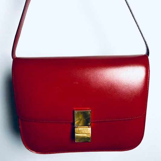 Celine Deep Red GHW Medium Classic Box Monogram Logo Smooth Leather Shoulder Sling Bag
