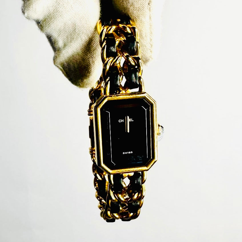 Chanel Black GHW CC Premiere Monogram Logo Black Rectangle Dial Quilted Matelasse Stainless Steel Chain Bracelet 20MM Quartz Watch