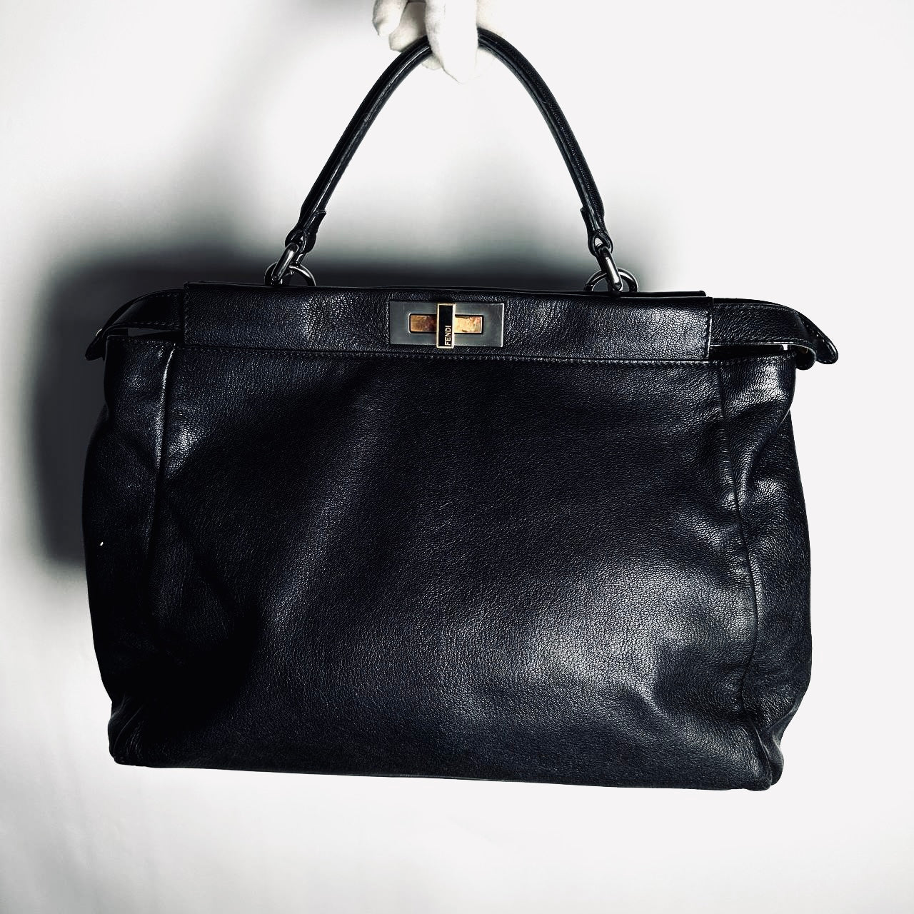 Fendi Peekaboo Black FF Zucca Monogram Logo Nappa Leather 2-Way Shoulder Sling Turnlock Top Handle Bag