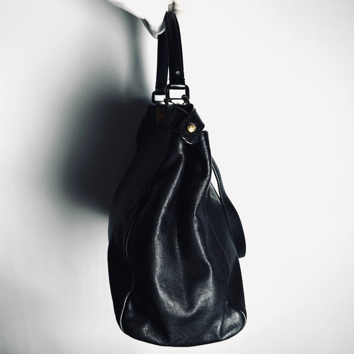 Fendi Peekaboo Black FF Zucca Monogram Logo Nappa Leather 2-Way Shoulder Sling Turnlock Top Handle Bag