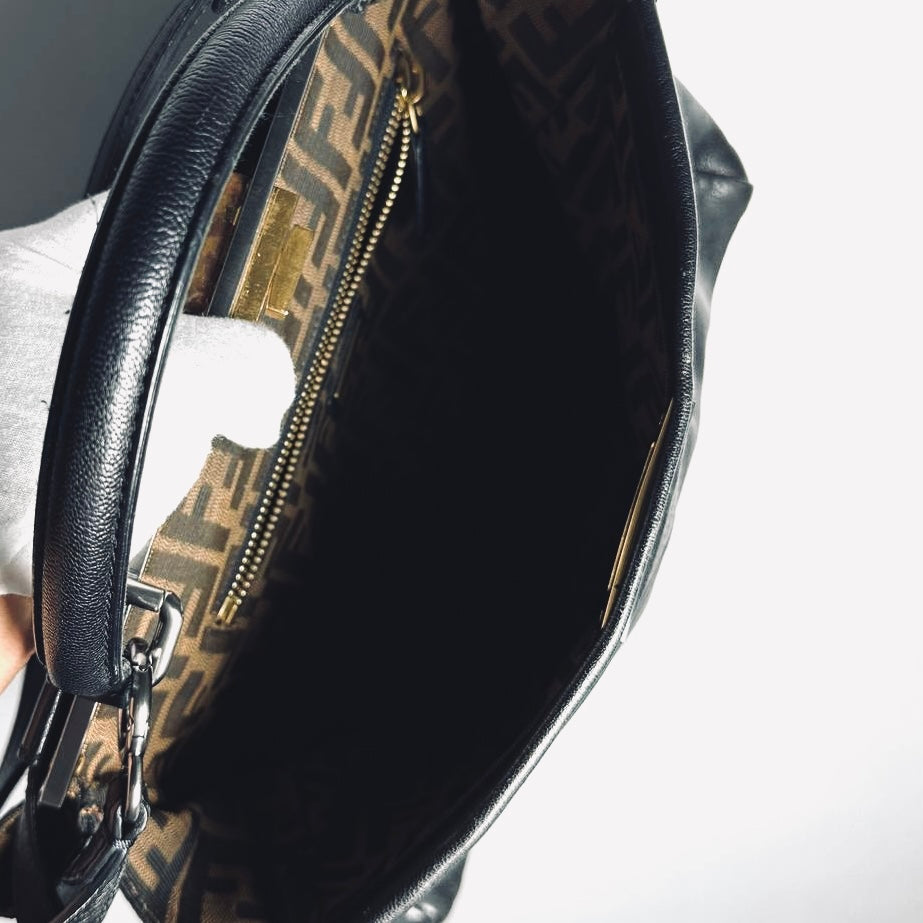 Fendi Peekaboo Black FF Zucca Monogram Logo Nappa Leather 2-Way Shoulder Sling Turnlock Top Handle Bag