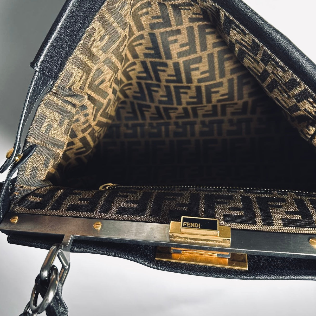Fendi Peekaboo Black FF Zucca Monogram Logo Nappa Leather 2-Way Shoulder Sling Turnlock Top Handle Bag
