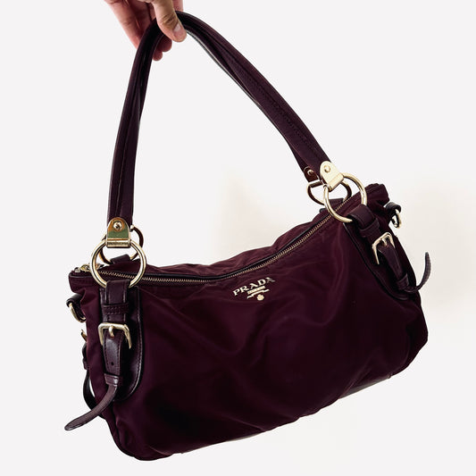 Prada Maroon Red GHW Bauletto Tessuto Classic Logo Nylon & Leather Baguette Hobo Shoulder Bag