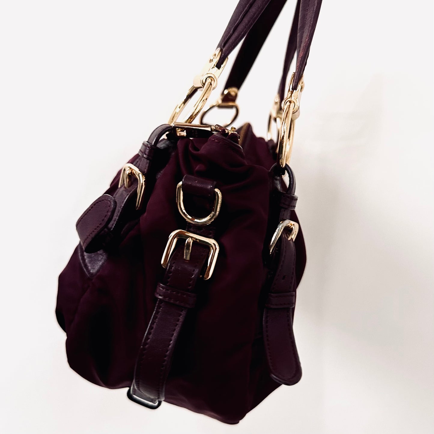 Prada Maroon Red GHW Bauletto Tessuto Classic Logo Nylon & Leather Baguette Hobo Shoulder Bag