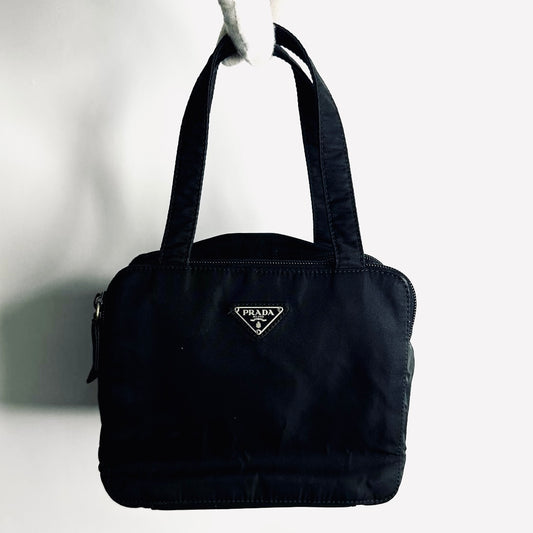 Prada Black Tessuto Beauty Monogram Logo Top Handle Vanity Case Boston Tote Bag