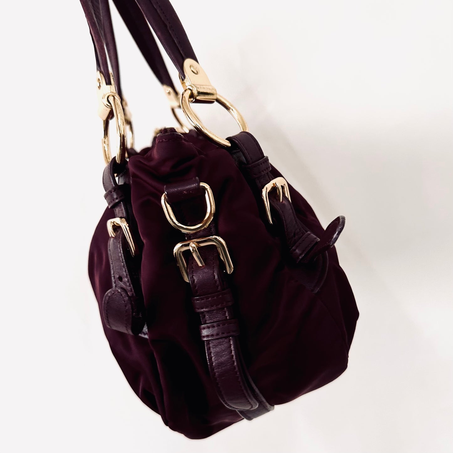 Prada Maroon Red GHW Bauletto Tessuto Classic Logo Nylon & Leather Baguette Hobo Shoulder Bag