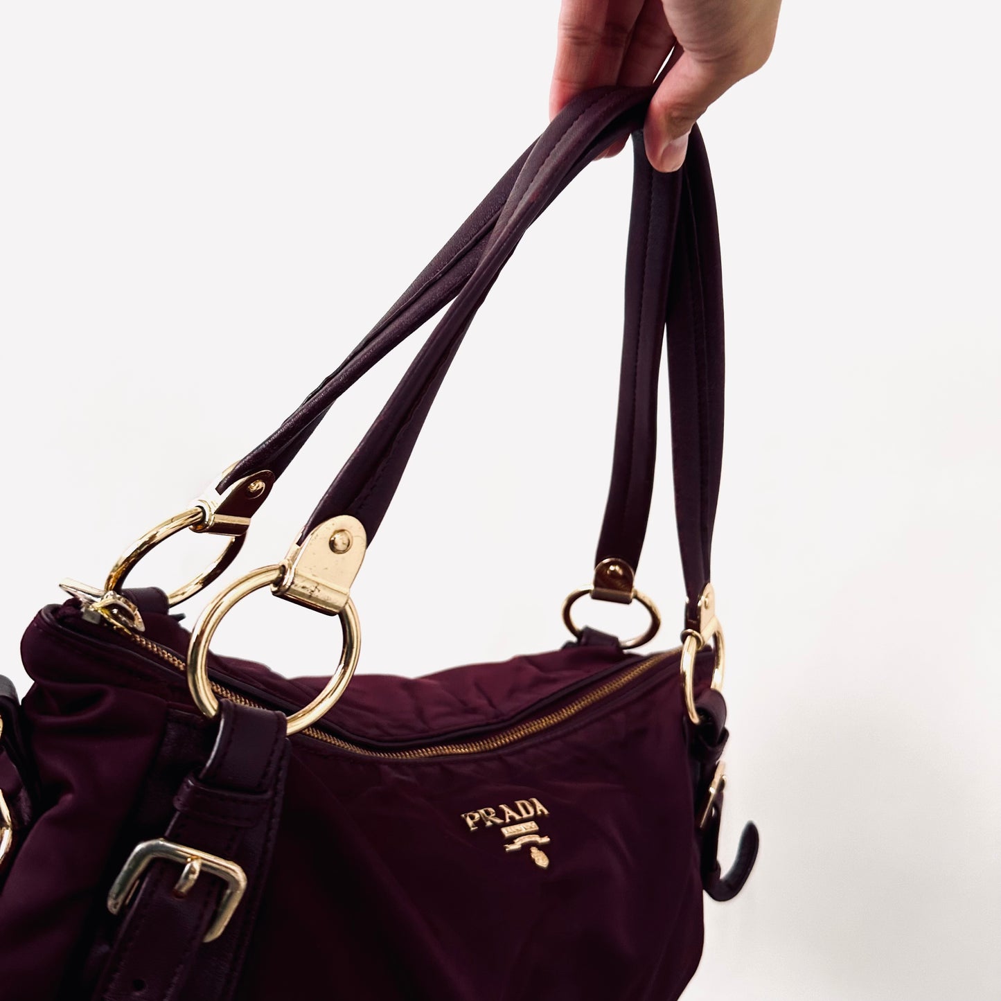 Prada Maroon Red GHW Bauletto Tessuto Classic Logo Nylon & Leather Baguette Hobo Shoulder Bag