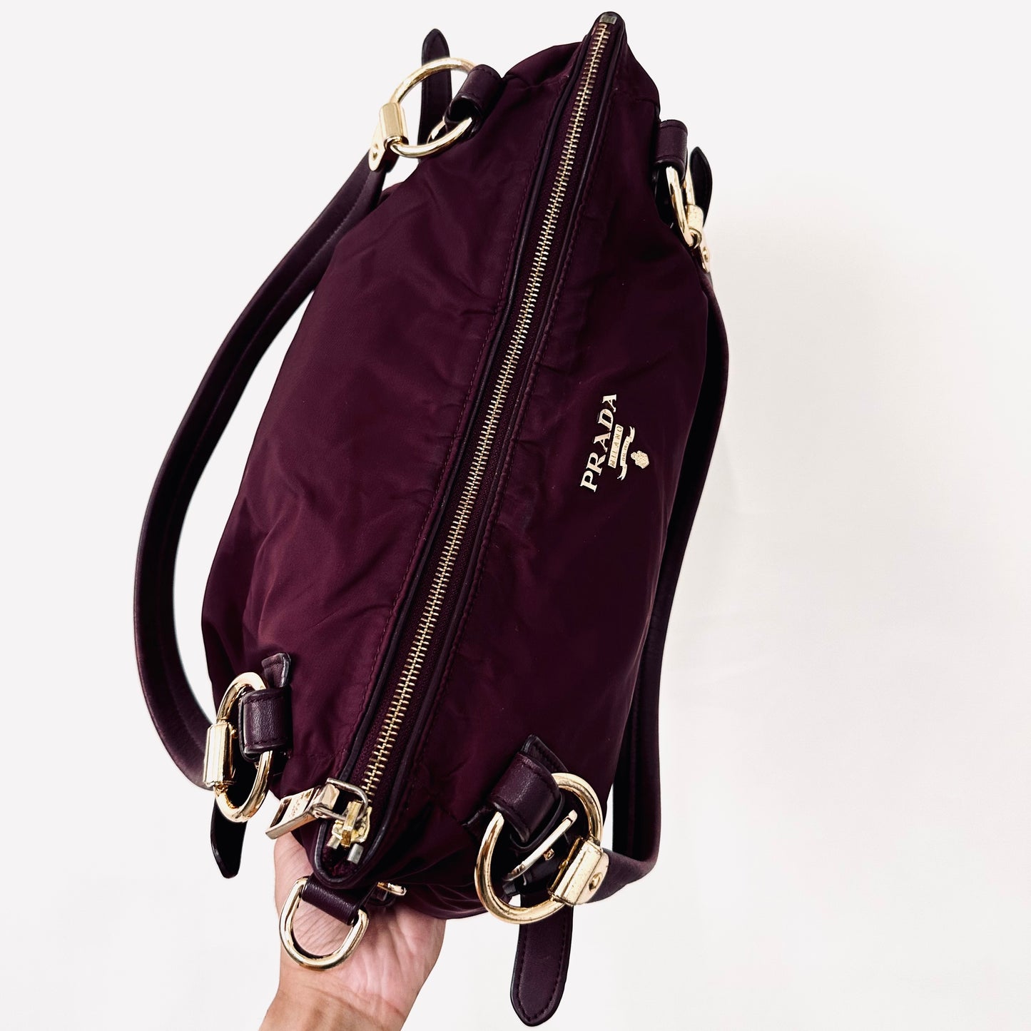 Prada Maroon Red GHW Bauletto Tessuto Classic Logo Nylon & Leather Baguette Hobo Shoulder Bag