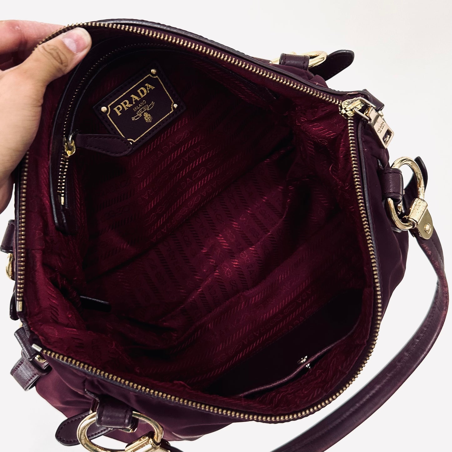 Prada Maroon Red GHW Bauletto Tessuto Classic Logo Nylon & Leather Baguette Hobo Shoulder Bag