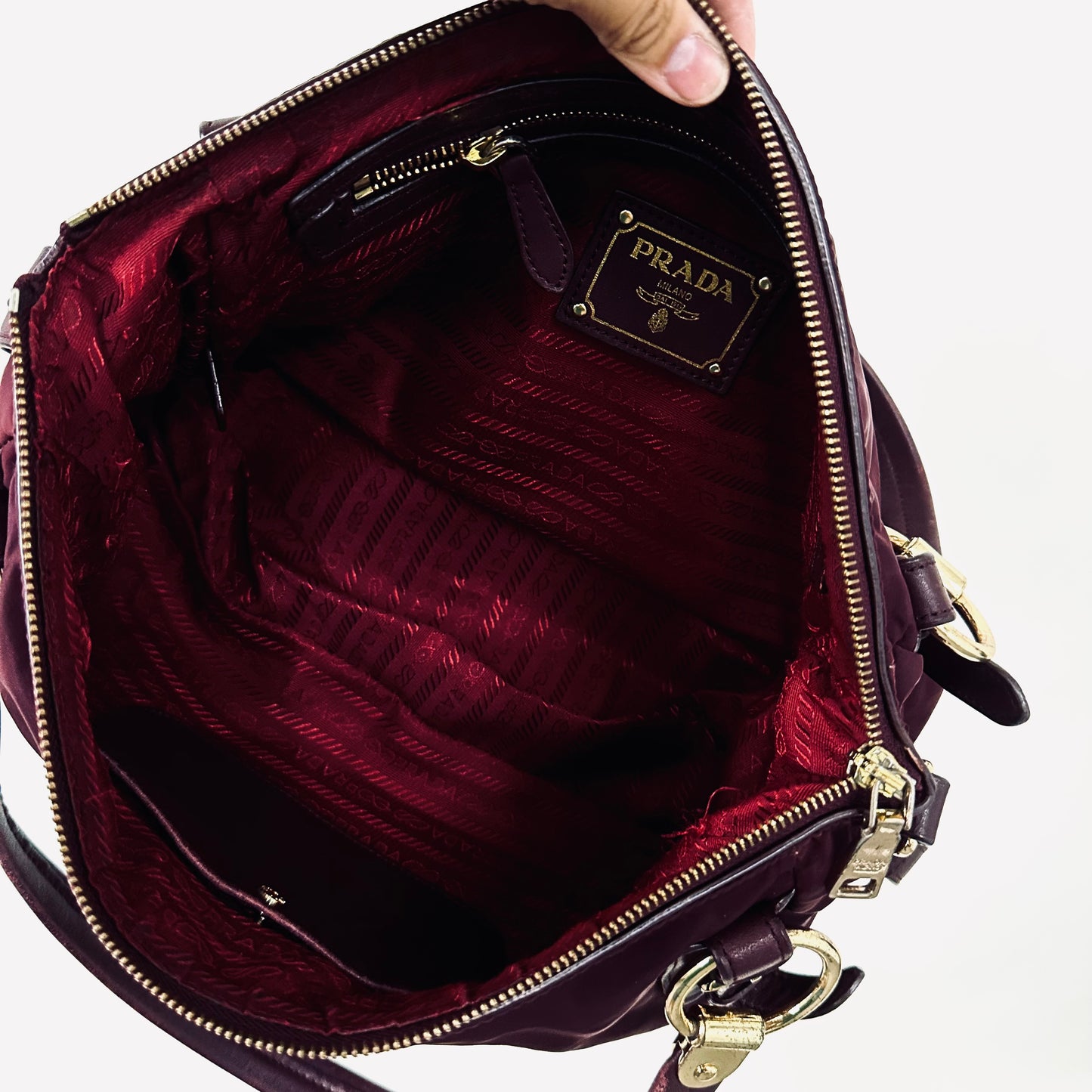 Prada Maroon Red GHW Bauletto Tessuto Classic Logo Nylon & Leather Baguette Hobo Shoulder Bag