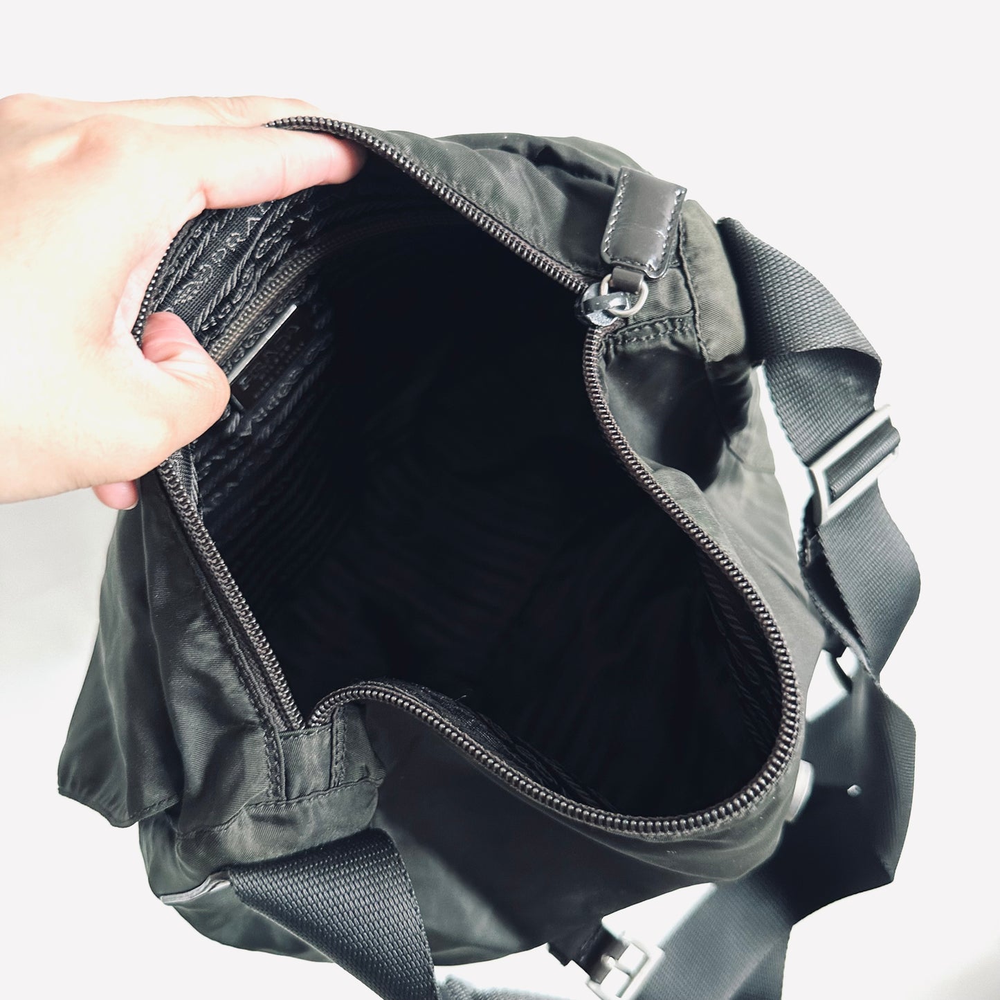 Prada Dark Khaki Tessuto Monogram Logo Classic Flap Shoulder Sling Bag