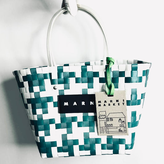 Marni Green / White Market Monogram Logo Interwoven Raffia / Leather Basket Bucket Tote Bag