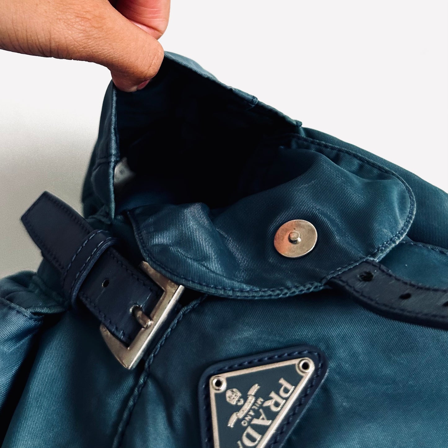 Prada Slate Blue Classic Logo Nylon & Leather Backpack Flap Drawstring Bag