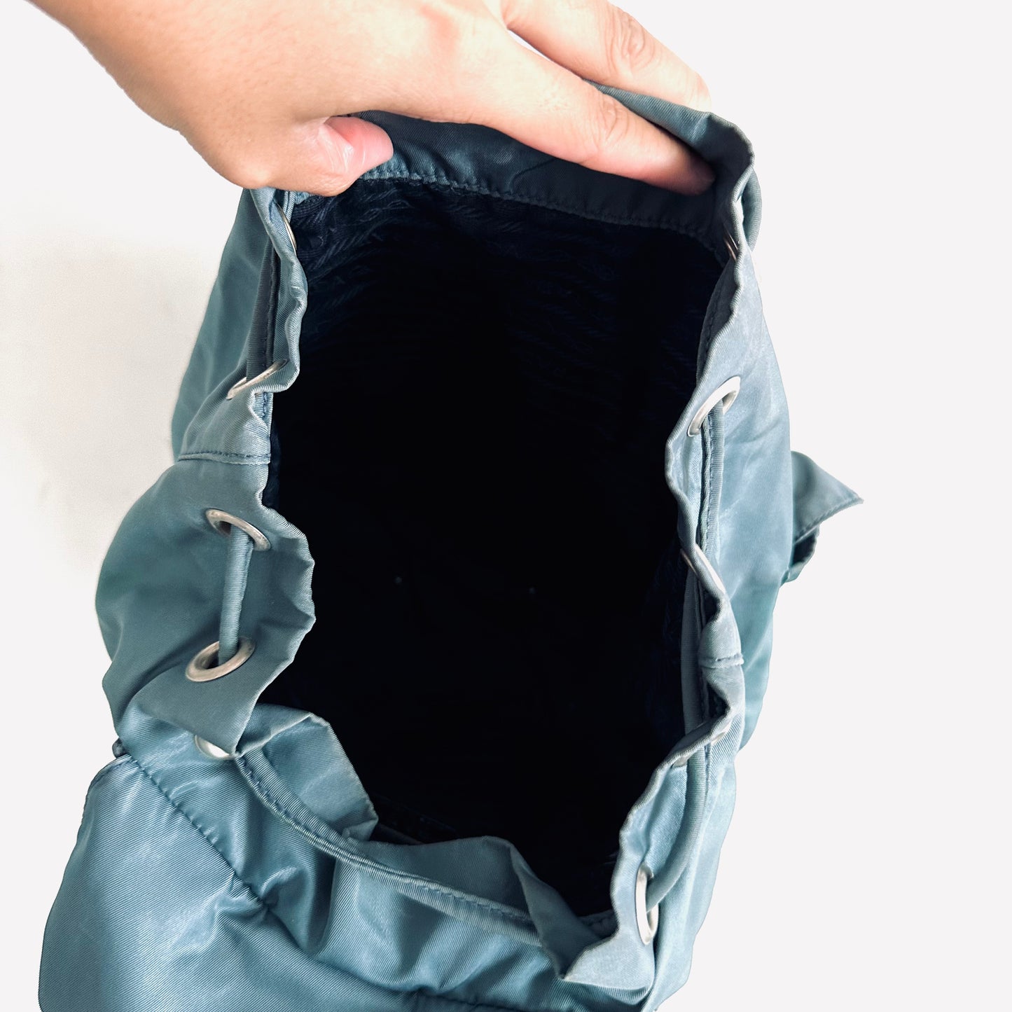 Prada Slate Blue Classic Logo Nylon & Leather Backpack Flap Drawstring Bag