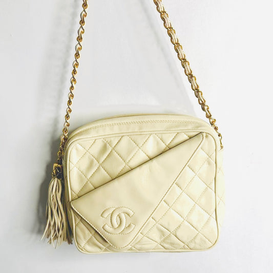 Chanel Cream Beige White GHW Quilted Lambskin CC Monogram Logo Tassel Fringe Vintage Flap Zip Camera Chain Shoulder Sling Bag 1s