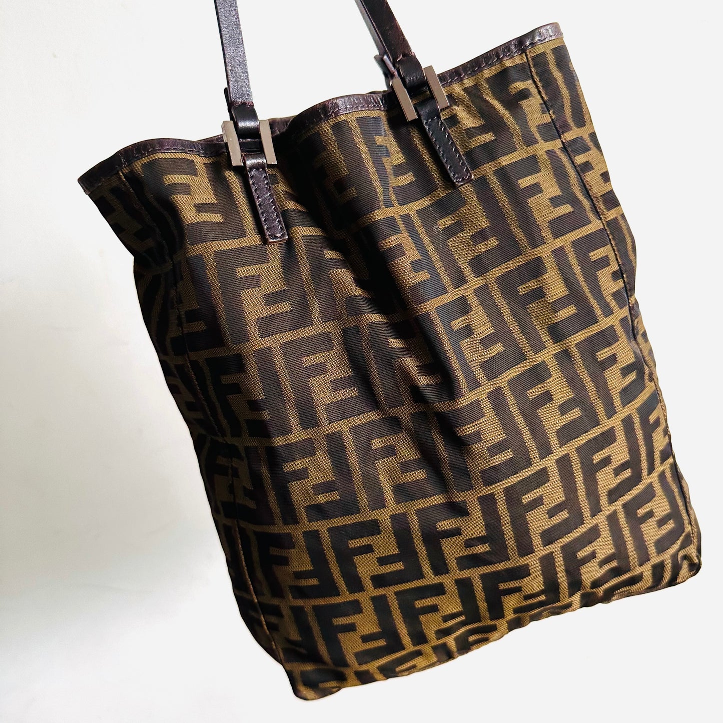 Fendi Classic Brown Zucca FF Monogram Logo Shoulder Shopper Tote Bag With Pouch