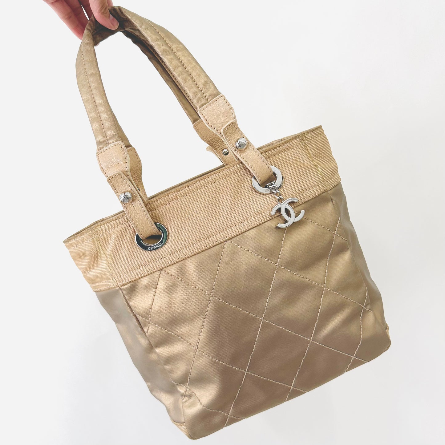 Chanel Paris Biarritz PM Taupe Beige CC Monogram Logo Quilted Leather & Jersey Shopper Shoulder Tote Bag 11s