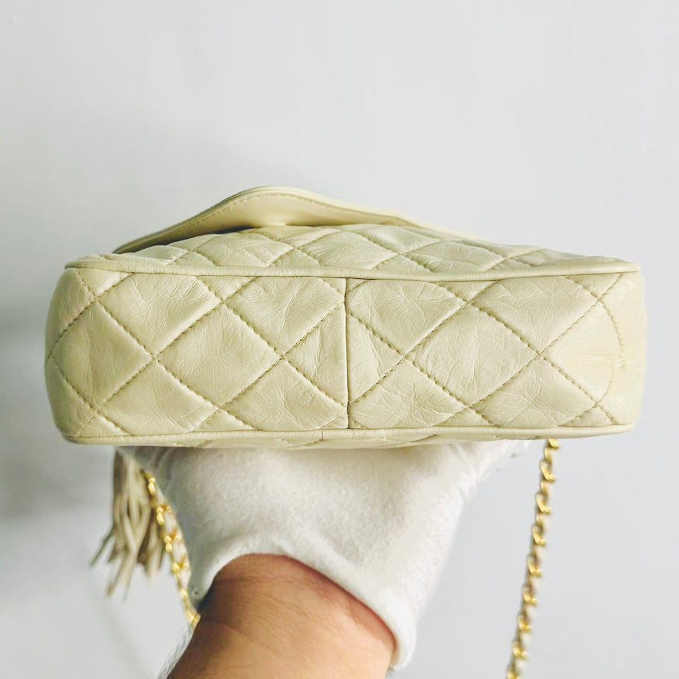 Chanel Cream Beige White GHW Quilted Lambskin CC Monogram Logo Tassel Fringe Vintage Flap Zip Camera Chain Shoulder Sling Bag 1s