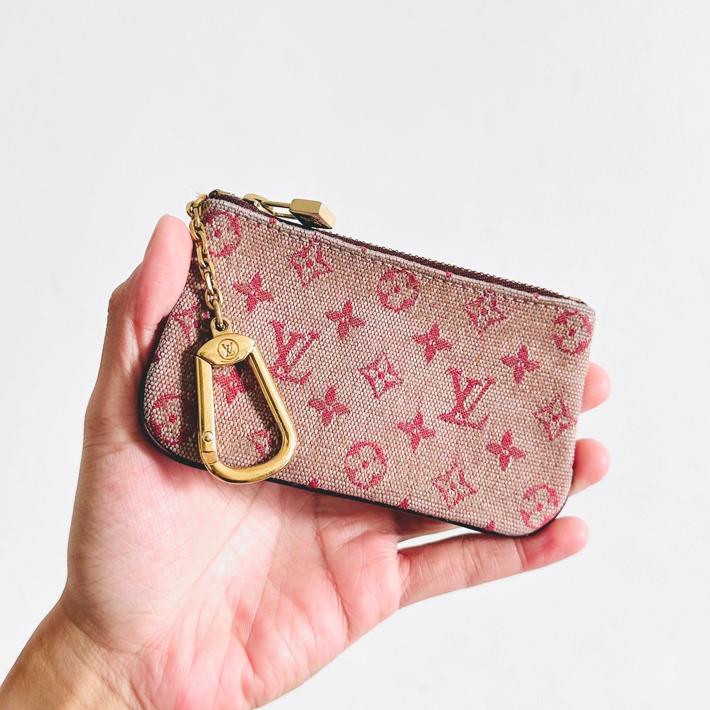 Louis Vuitton LV Pink GHW Mini Lin Monogram Logo GHW Key Cles Pouch Case Clutch