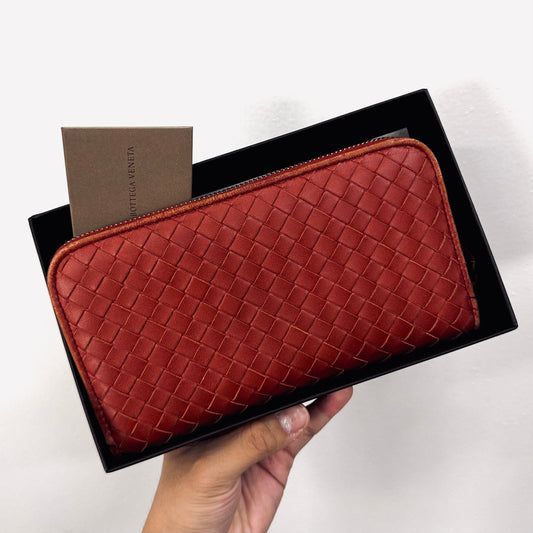 Bottega Veneta BV Dark Red GHW Continental Intrecciato Nappa Woven Leather Zip Around Zippy Long Wallet