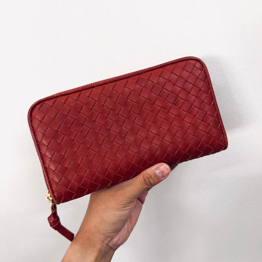 Bottega Veneta BV Dark Red GHW Continental Intrecciato Nappa Woven Leather Zip Around Zippy Long Wallet