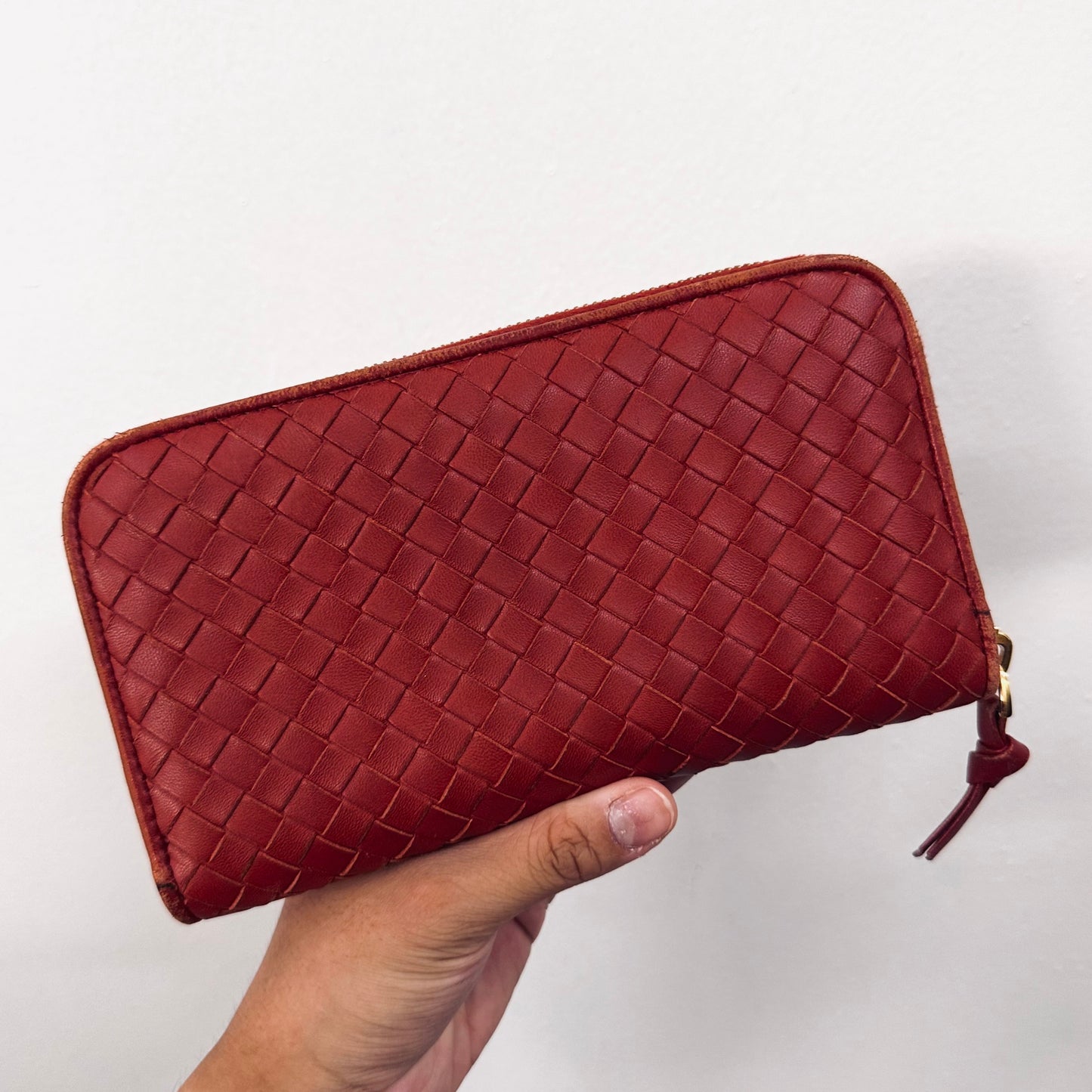 Bottega Veneta BV Dark Red GHW Continental Intrecciato Nappa Woven Leather Zip Around Zippy Long Wallet