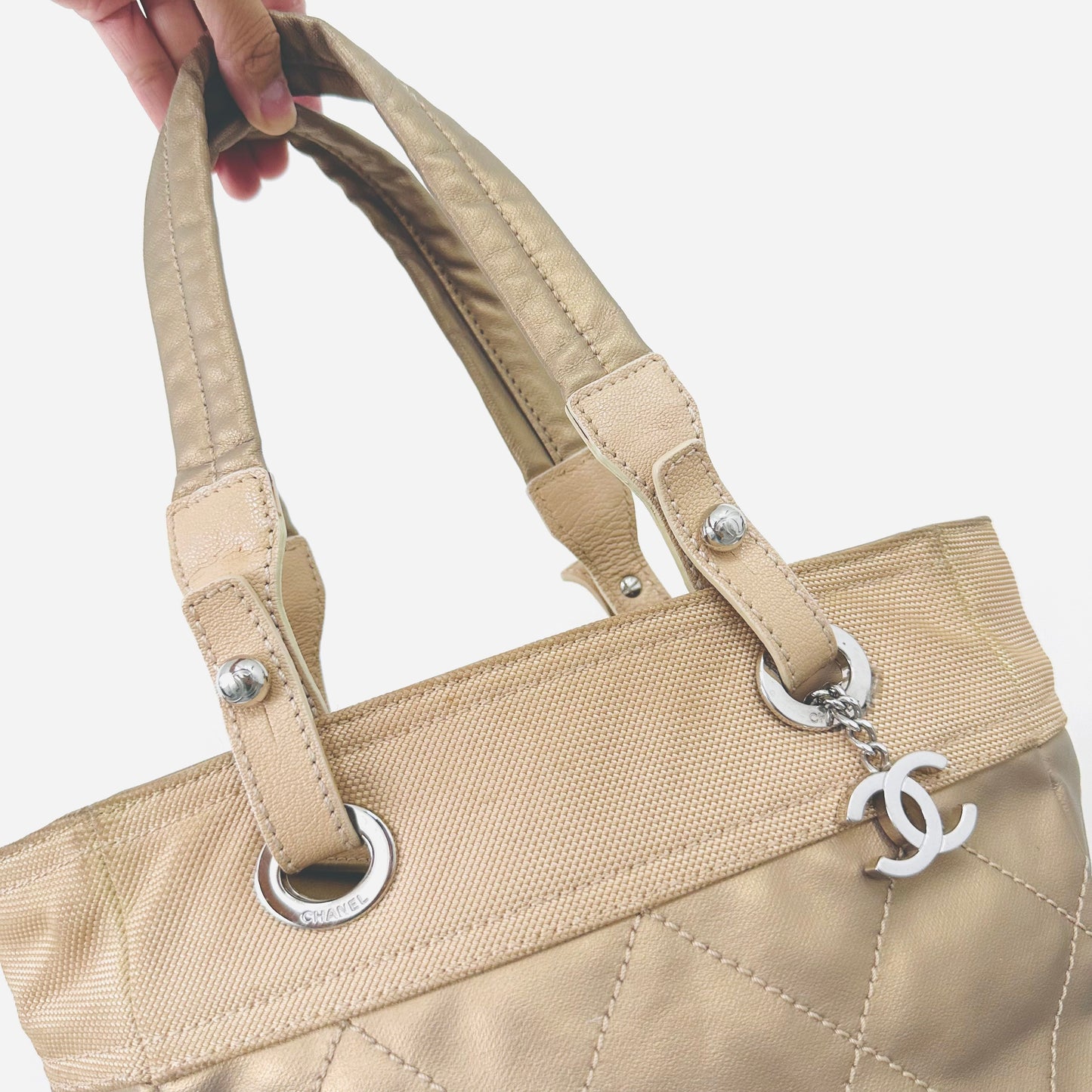 Chanel Paris Biarritz PM Taupe Beige CC Monogram Logo Quilted Leather & Jersey Shopper Shoulder Tote Bag 11s