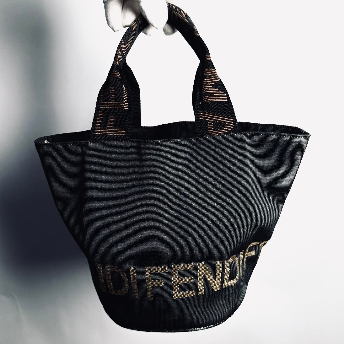 Fendi Black Zucca FF Roma Monogram Logo Bucket Small Shopper Vertical Tall Tote Bag