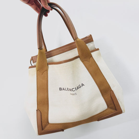 Balenciaga Cabas Caramel Brown / White Logo Small S Shopper Shoulder Tote Bag With Small Pouch