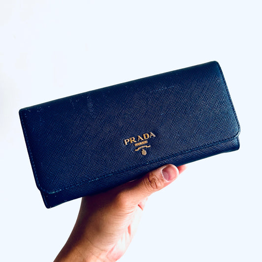 Prada Navy Blue GHW Saffiano Leather Monogram Logo Classic Continental Flap Long Wallet With Card Case