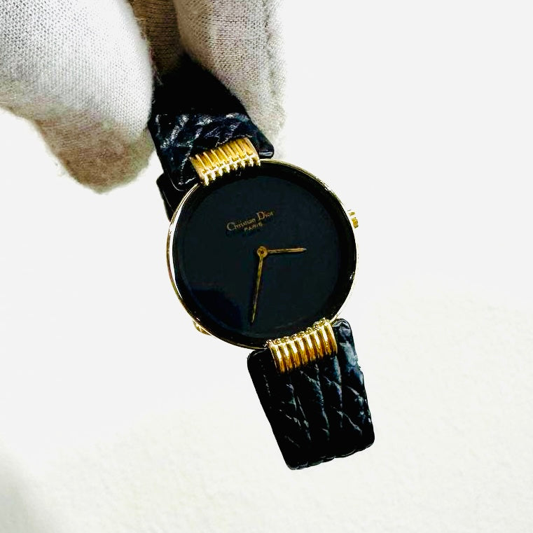 Christian Dior CD Bagira Monogram Logo GHW 26MM Black Dial Leather Strap Quartz Watch