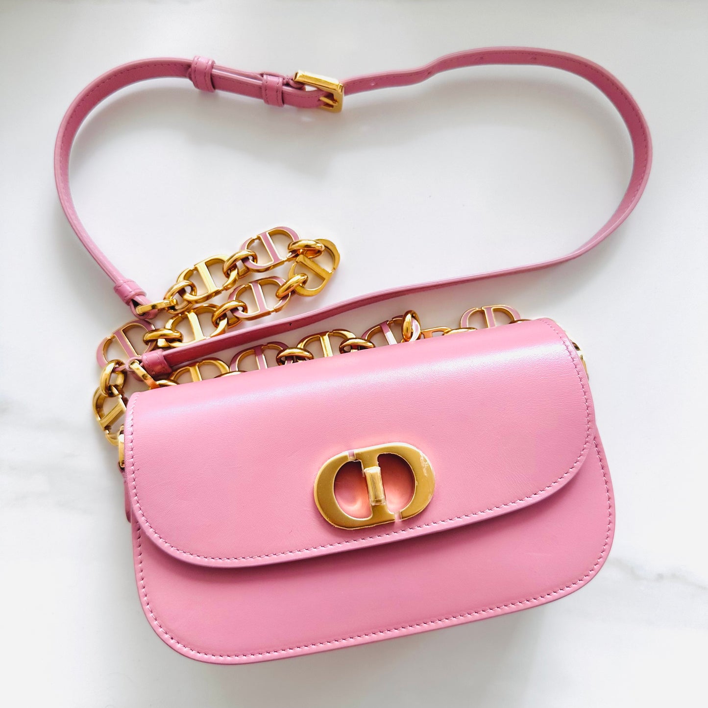 Christian Dior CD 30 Montaigne Avenue Small Pink GHW Monogram Calfskin Leather Flap Chain Shoulder Sling Bag