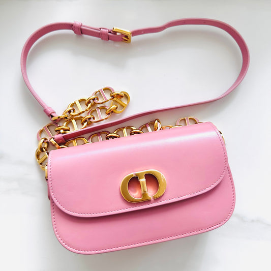 Christian Dior CD 30 Montaigne Avenue Small Pink GHW Monogram Calfskin Leather Flap Chain Shoulder Sling Bag