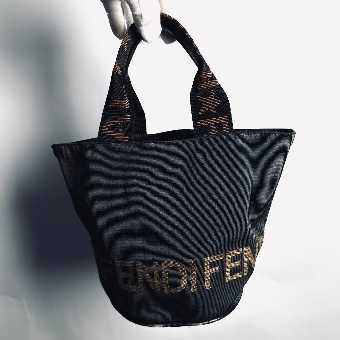 Fendi Black Zucca FF Roma Monogram Logo Bucket Small Shopper Vertical Tall Tote Bag