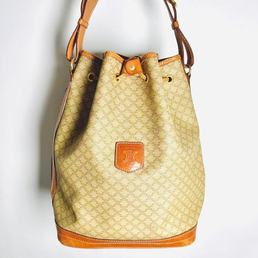 Celine Beige GHW Triomphe Macadam Monogram Logo Vintage Drawstring Bucket Shoulder Sling Bag