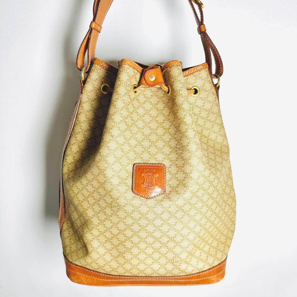 Celine Beige GHW Triomphe Macadam Monogram Logo Vintage Drawstring Bucket Shoulder Sling Bag