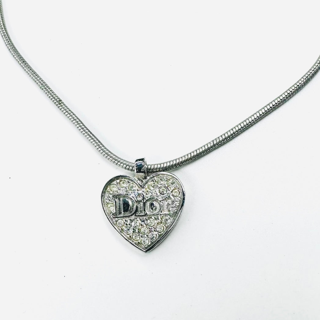 Christian Dior CD Giant Monogram Logo Silver Heart & Crystals Vintage Pendant Necklace